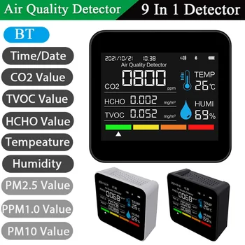 9 in1 Levegő Minősége Monitor CO2-Mérő ALKALMAZÁS BT Szén-Dioxid-Érzékelő TVOC HCHO PM2.5 PM1.0 PM10 CO2 Érzékelő, Hőmérséklet, Páratartalom