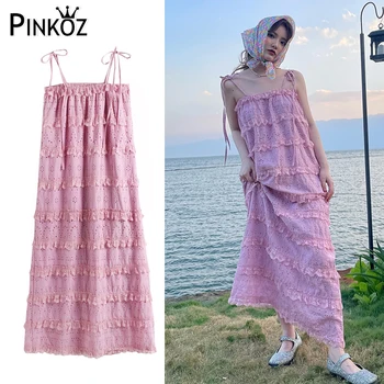 Pinkoz tervező nők rózsaszín csipke üreges ki a nyári strand ruha spagetti pánt kombiné üreges ki csipke hosszú ruhák vestidos