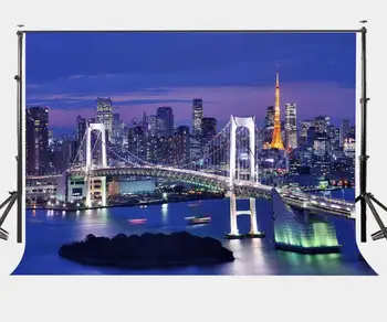 7x5ft Gyönyörű Város Éjszakai Hátteret Modern Viadukt Híd Tokyo Tower Fotózás Háttér