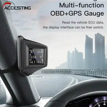 OBD GPS-Head-up Display Kettős Rendszer, Autó, Digitális GPS Hud Sebességmérő 2 Hüvelyk képátmérőjű LCD fordulatszám-túllépés Riasztás Autó Sebességét Projektor
