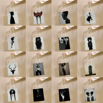 Fekete Stílus Hideg Nő, Kreatív Minta Újrahasznosítható Vászon Bevásárló Szatyor Tote Bags Nyomtatás, Eco Táska Vásárló Váll Táska