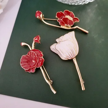 Elegáns Vintage Zománc Piros Színű Növény Gyöngy Pin Fa Lótusz Levél Cseresznye Virág Bross a Nők, Kiegészítők, Ékszerek, Ajándékok