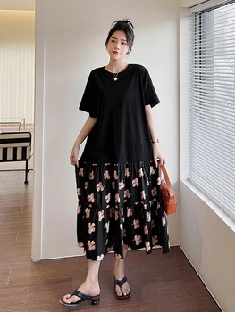 2023 Nyáron Új Koreai Divat Nő Ruha Vestidos Köntös Elbise Laza Plus Size Patchwork Virágos Hem Rövid Ujjú Hosszú Ruhák