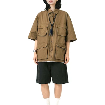 Nyári Japán retro laza szerszámok, rövid ujjú ing a férfiak, mind a nők ugyanolyan stílusú semleges alkalmi ing, kabát