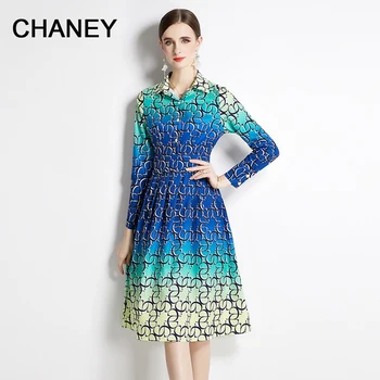 Chaney tavaszi-nyári új divat kapcsolja le a gallér kék levél nyomtatott elegáns, A-vonalú ruha, munkaruházat vintage vestidos