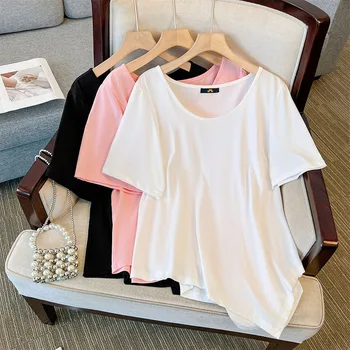 150Kg Plus Size Női Mell 153 Nyári Laza, Rövid Ujjú Egyszerű Szabálytalan Szilárd T-Shirt Fekete Fehér Pink 5XL 6XL 7XL 8XL 9XL