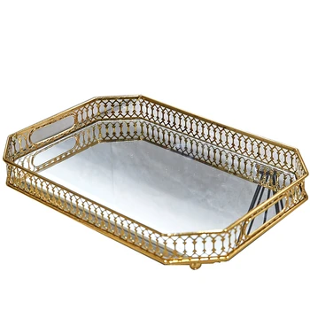 Skandináv stílusú Tükör, üveg tányér Arany bevonatú vas tároló tálca Luxus lemez Díszítő gyümölcs tányér Desszert tányér Sütemény lemez