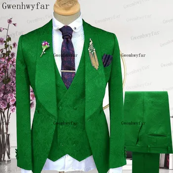 Gwenhwyfar Jóképű Zöld Mens Szmoking Vőlegény Viselni Slim Fit Esküvői Egyetlen Gomb Zakó Öltöny Üzlet Bál Kabát 3db