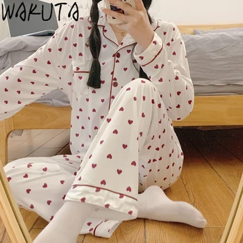 WAKUTA Aranyos Szív Nyomtatott Hálóruházat 2 Db Meghatározott Lányok Japán koreai Divat Édes Hosszú Ujjú Homewear Pizsama Ruhák