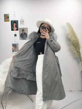 2022 Új X-hosszú Télikabát Vízhatlan Valódi Szőrme Kabát Téli Kabát a Nők Természetes Mosómedve Prémes Hood Luxus Levehető Nyúl Felsőruházat