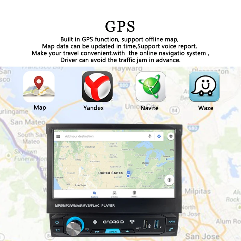 Automatikus Behúzható 1 Din Autós Multimédia Lejátszó, WIFI Android GPS Android Auto érintőképernyő Carplay Bluetooth 4.0 7 Inch