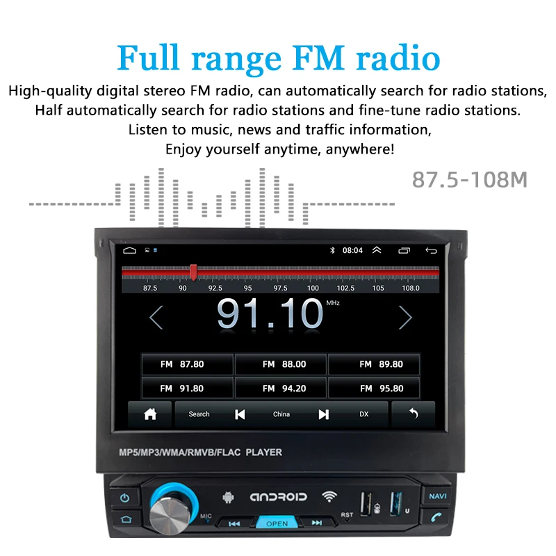 Automatikus Behúzható 1 Din Autós Multimédia Lejátszó, WIFI Android GPS Android Auto érintőképernyő Carplay Bluetooth 4.0 7 Inch